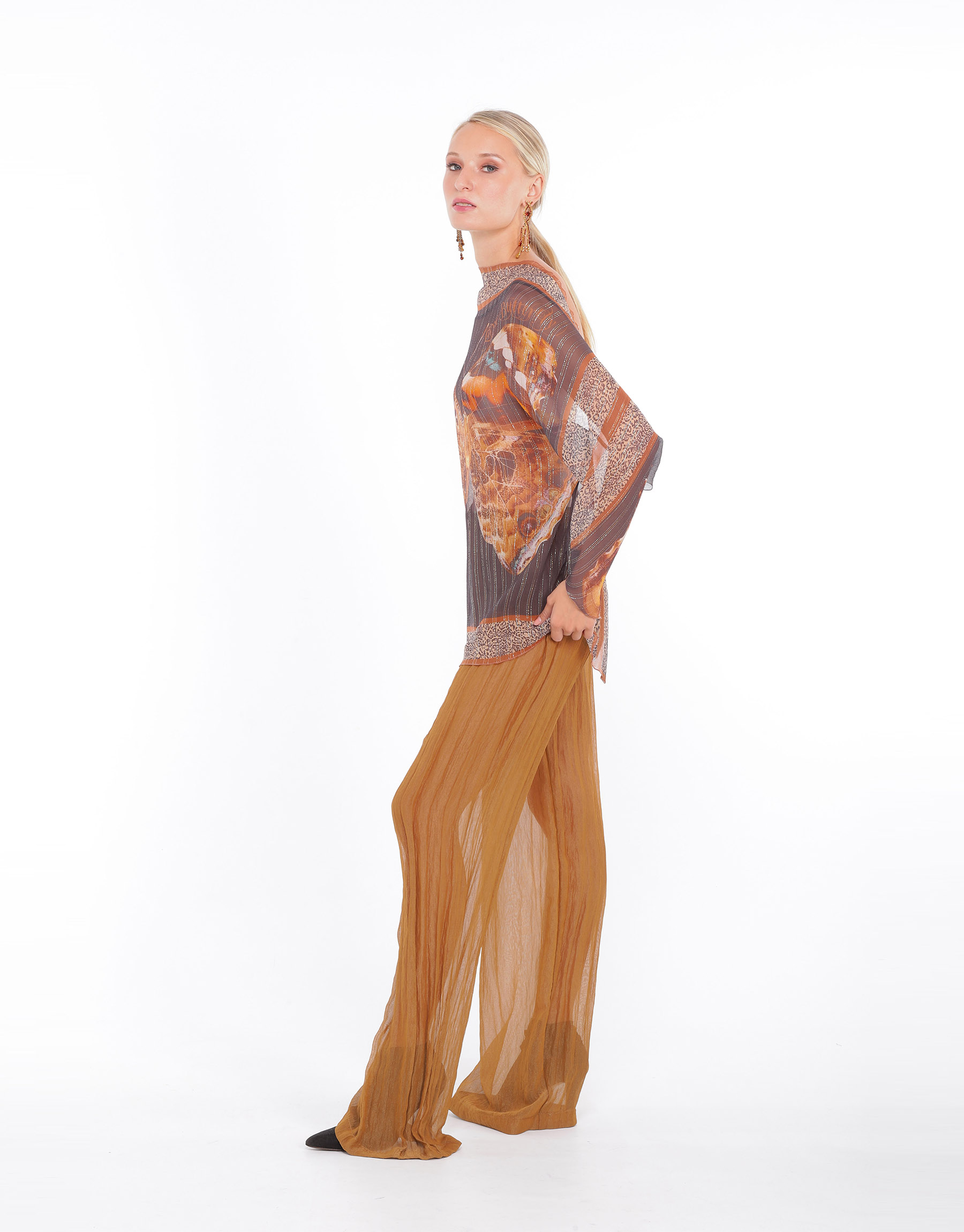 Butterfly print silk and lurex backless tunic